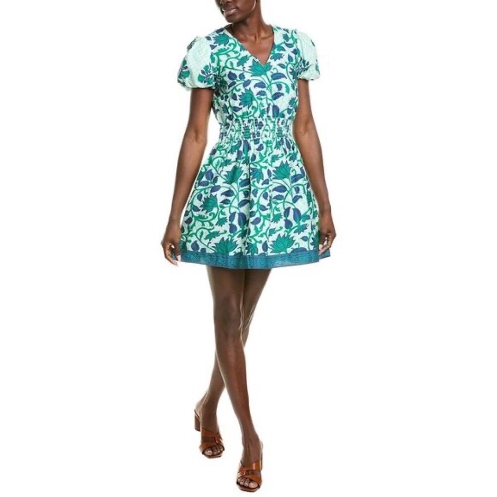 Garrie B block print floral style dress short puff sleeves smocking 100% cotton